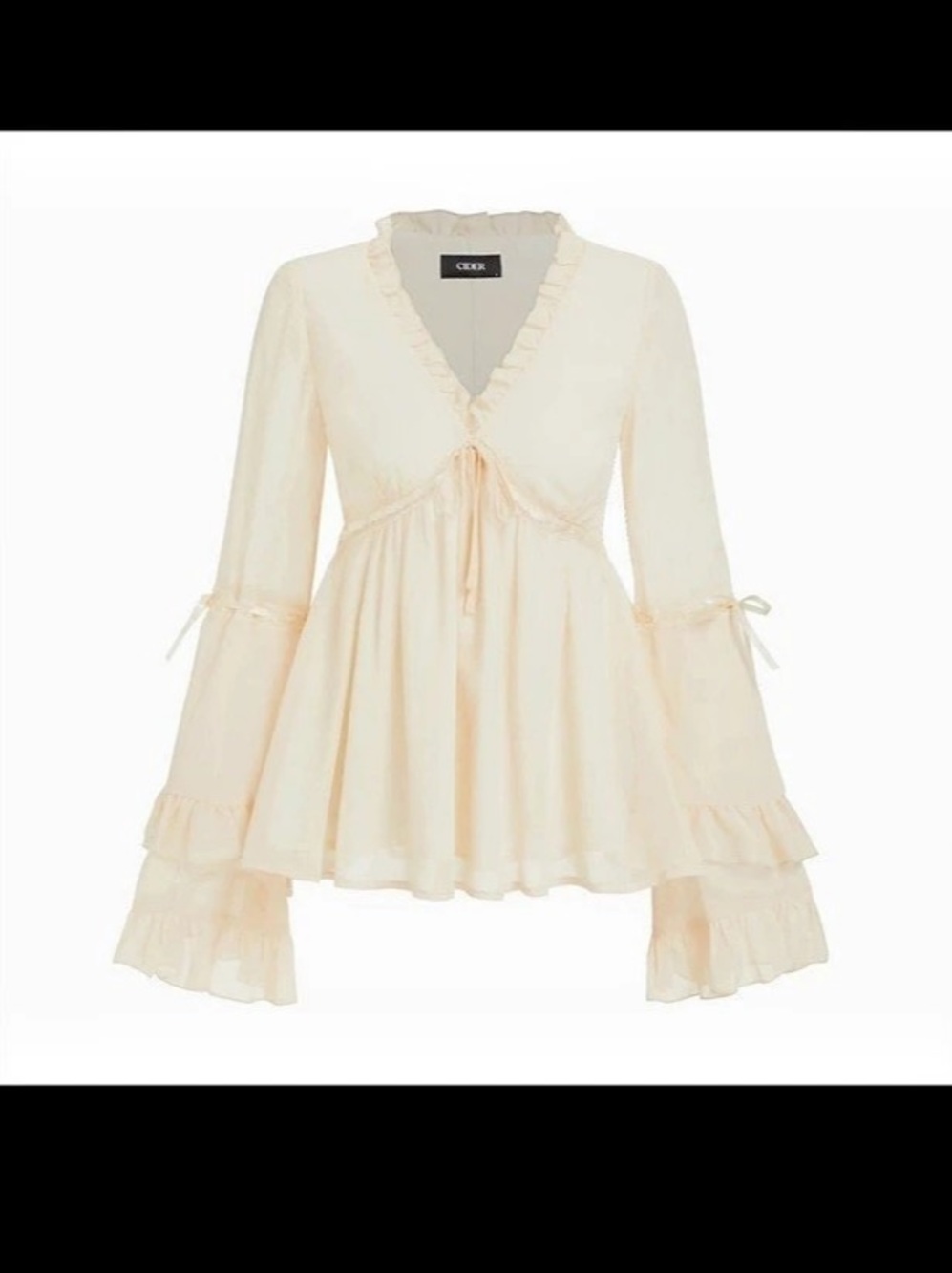 Cider Chiffon V-Neck Knotted Ruffled Bell Sleeve Blouse Cream